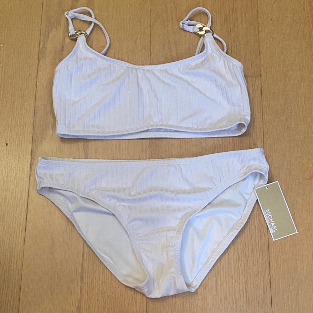 Michael Kors White Ribbed Two-Piece Bikini Set with Gold Accents